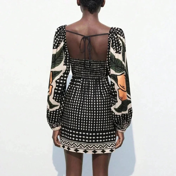 Black And White Boho Women's Floral Print Twist Hollow Out Casual Short Dress - Picture 3 of 9